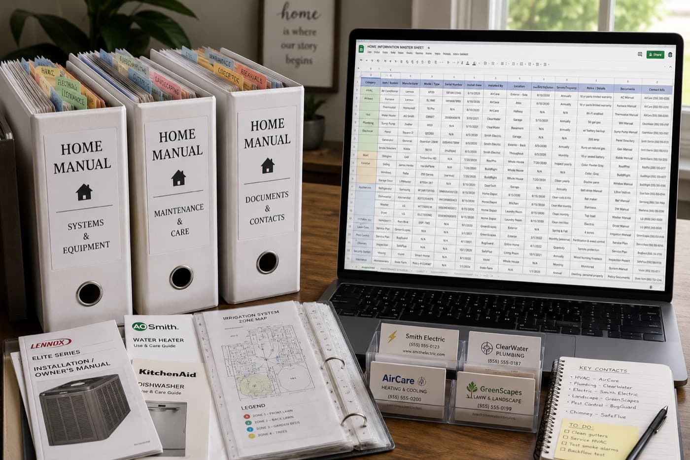 Estate information stored across binders, spreadsheets, manuals, and business cards
